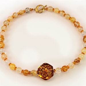 Golden Blood Quartz & Murano Italian Glass Beaded Necklace - 19&quot;