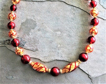 Murano Red Gold Squiggle Beaded Necklace - 17"