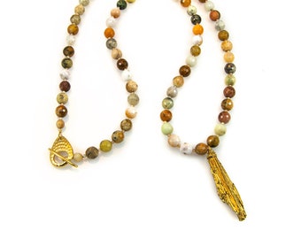 Golden Sage Agate Necklace with Zircon and Gold Pendant - 29"