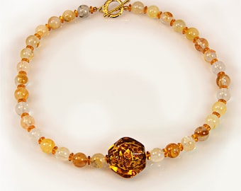 Golden Blood Quartz & Murano Italian Glass Beaded Necklace - 19"