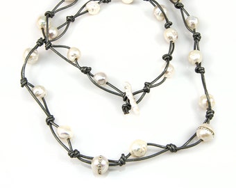 Knotted Pearl Necklace on Silver Leather - 31.5"