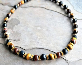 Red Blue Gold Tiger Eye Beaded Necklace - 16"