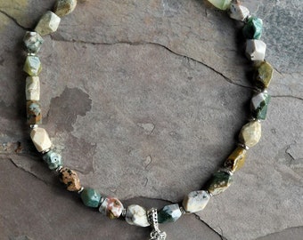 Ocean Jasper Beade Necklace with Dangling Tassle - 17.5"