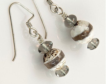 DZI Gray & White Agate Beaded Earrings - 1.5"