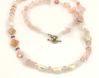 Pink pearl, Rose Quartz, Rhodochrosite, and Pink Glass Necklace - 24.5"