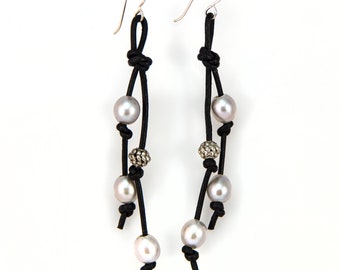 Knotted Leather Pearl Earrings - 3.25"