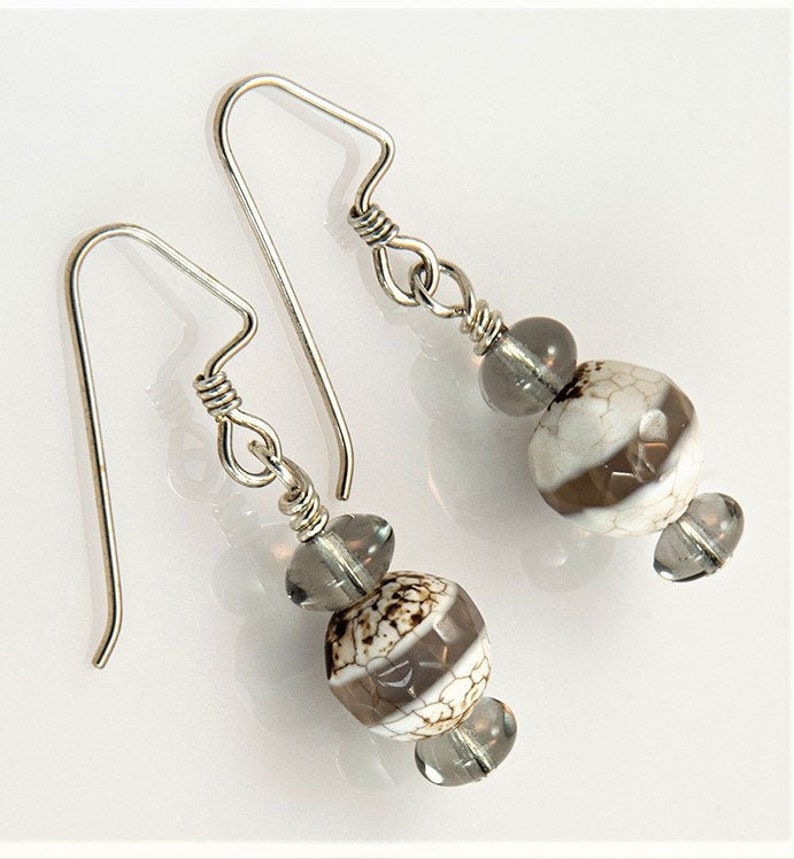 DZI Gray & White Agate Beaded Earrings 1.5 image 1