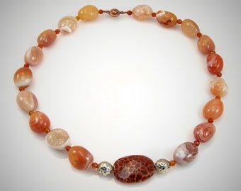 Carnelian Agate and Mexican Fire Agate Beaded Necklace - 18"