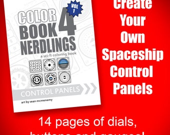 Libros para colorear de paneles de control imprimibles. Paneles de instrumentos de la cabina de la nave espacial, por Sean McMenemy