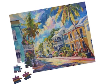 Key West Florida Jigsaw Puzzle: Colorful Street Scene (110-1014 Piece Options) Cityscape Jigsaw Puzzle City Jigsaw Puzzle Fun Indoor Hobby
