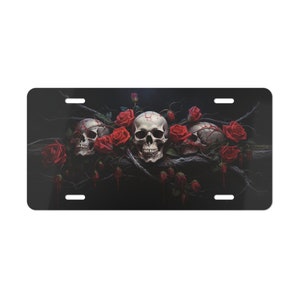 ON SALE, Skull License Plate with Red Roses, Vanity Plate, Flowers, Gothic, Emo, Punk Style, Front of Car