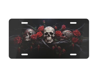 Skull & Red Roses License Plate: Gothic Punk Car Decor Wedding Gift Anniversary Adult Gift Teen birthday Christmas Present Idea Metal Sign