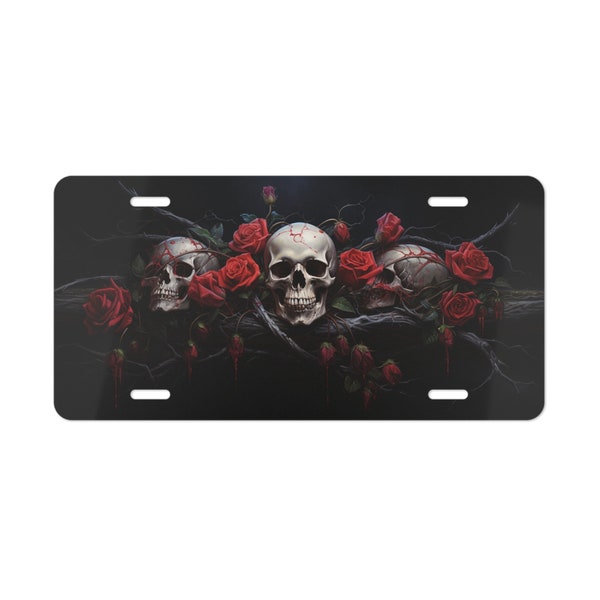Skull License Plate with Red Roses, Vanity Plate, Flowers, Gothic, Emo, Punk Style, Front of Car