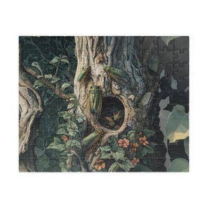 May include: A close-up of a tree trunk with a hollow in it. Several green cicadas are perched on the bark and inside the hollow. The tree is surrounded by green leaves and pink flowers.