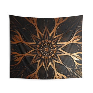 May include: A tapestry featuring a large, intricate mandala design in shades of brown and gold. The mandala is made up of overlapping circles, triangles, and other geometric shapes.
