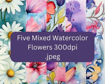 Beautiful Watercolor Wild Flower Paper Bundle, Five Papers, 12x12 inch, Scrapbooking Paper, Craft Paper, Digital Download, 300 dpi, JPEG