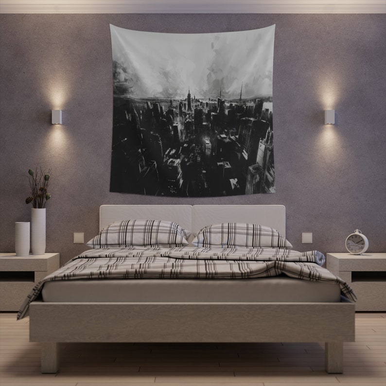Cityscape Printed Wall Tapestry, Black and White, New York image 3