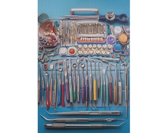 May include: A collection of dental tools, including mirrors, probes, and forceps, arranged on a blue surface. Various instruments with colorful handles are displayed alongside dental molds and a tray with a handle.