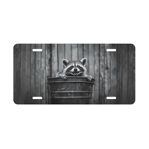 Smiling Raccoon Aluminum Vanity Plate: Black & White Decor Wedding Gift Anniversary Adult Gift Teen Birthday Christmas Present Idea image 1