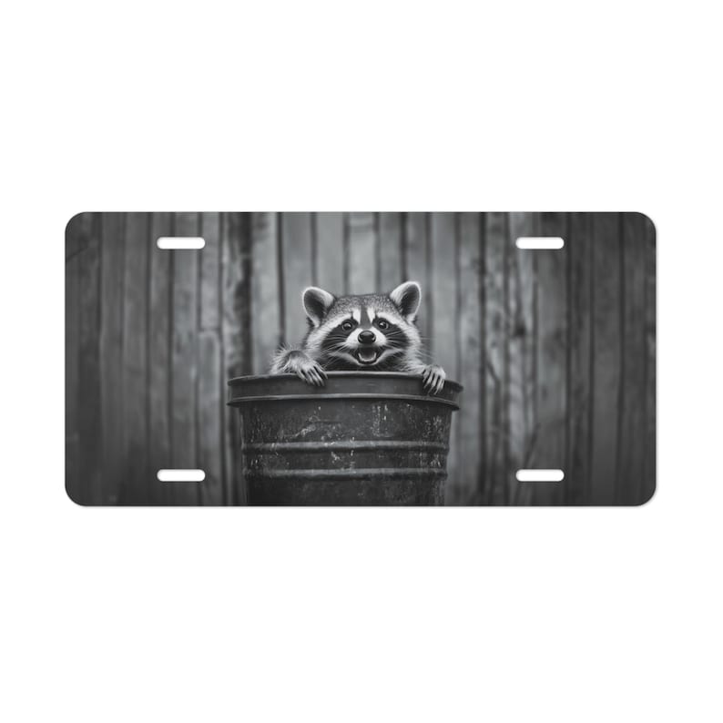 Smiling Raccoon Aluminum Vanity Plate: Black & White Decor Wedding Gift Anniversary Adult Gift Teen Birthday Christmas Present Idea image 1