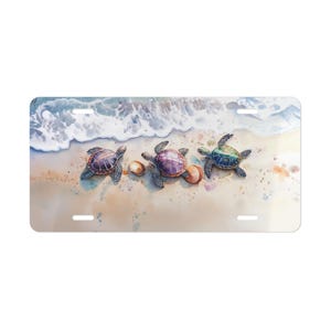 May include: A license plate featuring a watercolor painting of three sea turtles on a sandy beach. The turtles are in shades of purple, green, and blue, with seashells scattered nearby. The ocean waves are visible in the background.