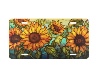 Matrícula de girasoles, flores, diseño floral, vidriera frontal del coche, naturaleza, regalo de boda, aniversario.