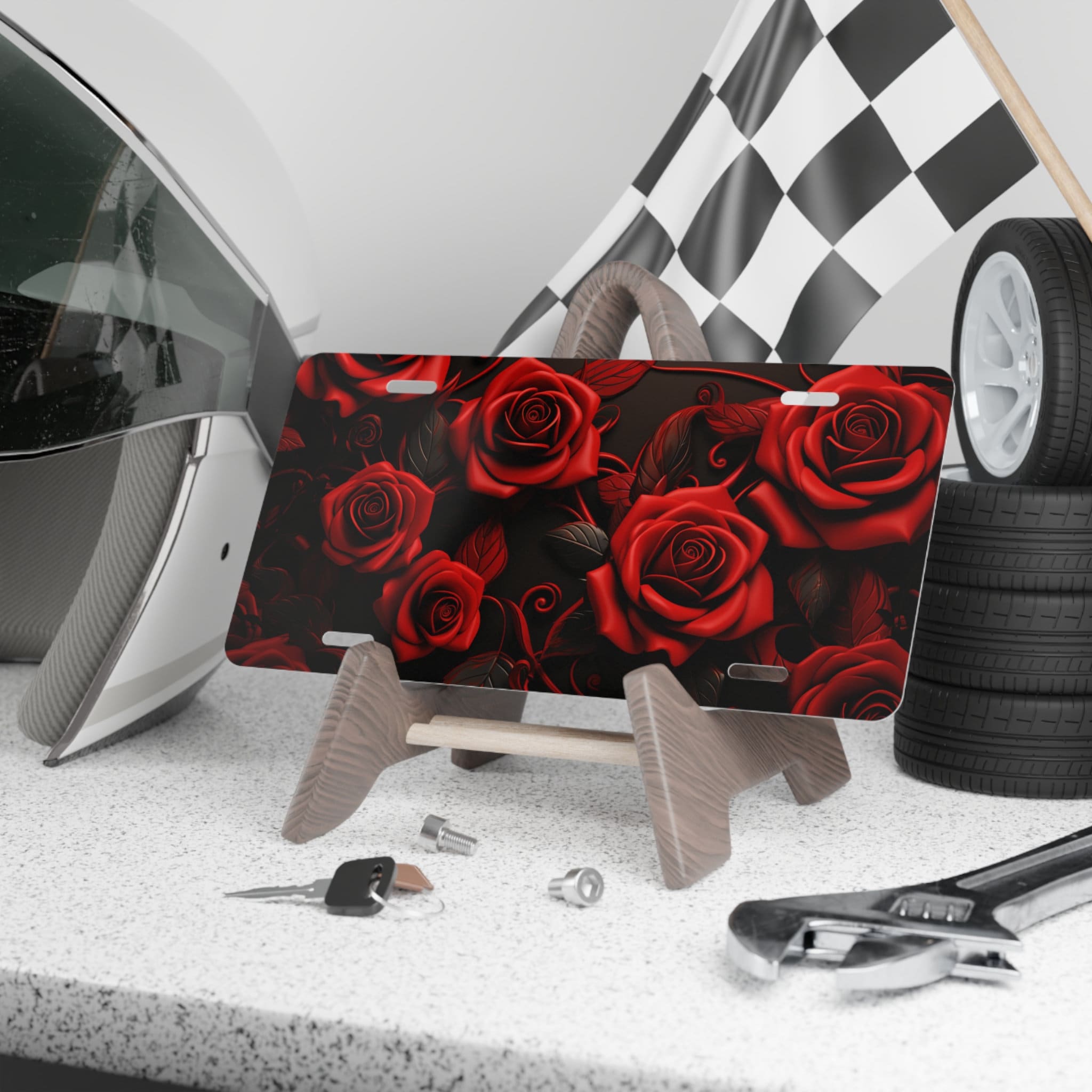 Red Rose With Butterfly Front License Plate - 6x12 Inch Aluminum Vanity Plate For Cars, Trucks, RVs