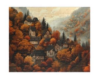 May include: A completed jigsaw puzzle depicting a village nestled in a valley during autumn. The puzzle features houses with dark roofs surrounded by trees with orange and yellow foliage. The sky is a soft, muted color.