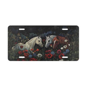 Placa de vanidad con diseño de caballos de noche, flores, decorativa para el frente del coche, placa de vanidad de aluminio, decoración exterior del coche, regalo, compra varias imagen 1