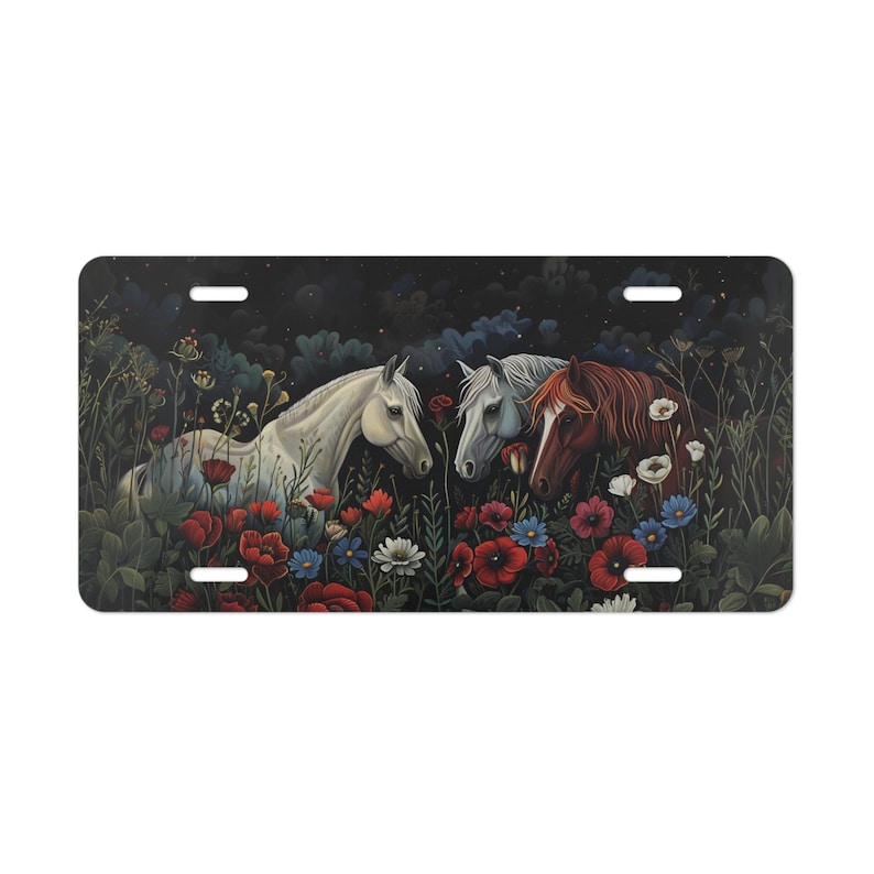 Placa de vanidad con diseño de caballos de noche, flores, decorativa para el frente del coche, placa de vanidad de aluminio, decoración exterior del coche, regalo, compra varias imagen 1