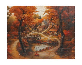 May include: A painting of a small village nestled in a forest with autumn leaves. The village has several houses, a bridge, and a pond. The trees are a mix of orange, yellow, and red.