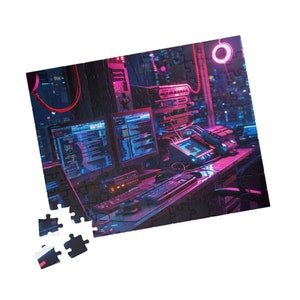 May include: A computer desk with two monitors displaying code, a keyboard, and a mouse. The desk is lit with pink and blue neon lights. The background is a server room with more computers and wires.