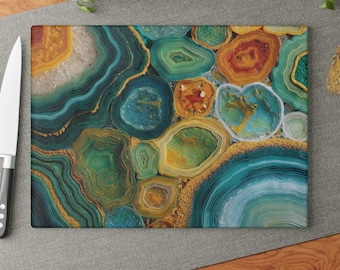 Tabla de cortar de vidrio con diseño de ágata azul y verde
