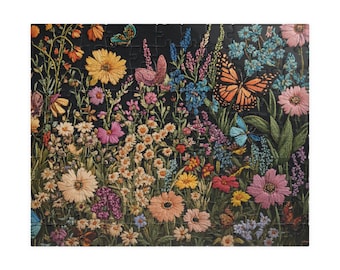 May include: A colorful jigsaw puzzle featuring a close-up of a field of flowers and butterflies. The flowers are in shades of pink, purple, yellow, orange, and red. The butterflies are blue, orange, and black.