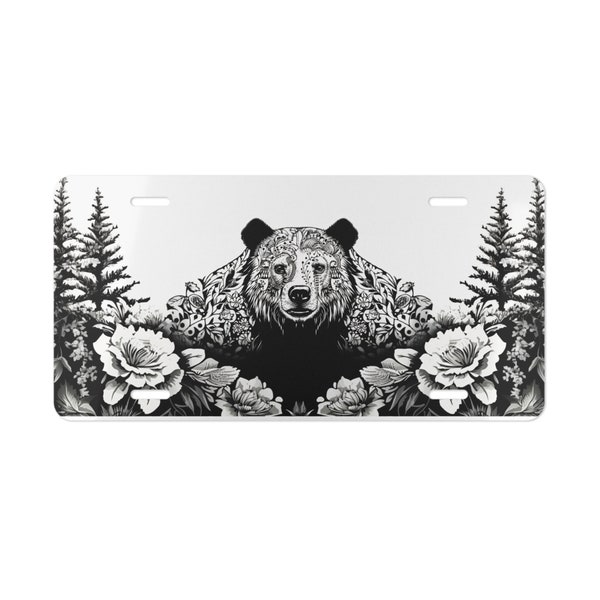 Bear License Plate, Vanity Plate, Pine Trees, Front of Car, Animal, Nature