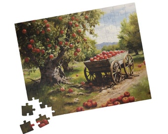 May include: A vintage wooden wagon filled with red apples sits in a field under a large apple tree. The wagon has two wheels and is pulled by a horse. The scene is painted in a realistic style.