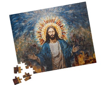 Puede incluir: Una imagen de mosaico de Jesucristo con una túnica azul y un halo de luz. El fondo es un mosaico azul y blanco con un brillo dorado.