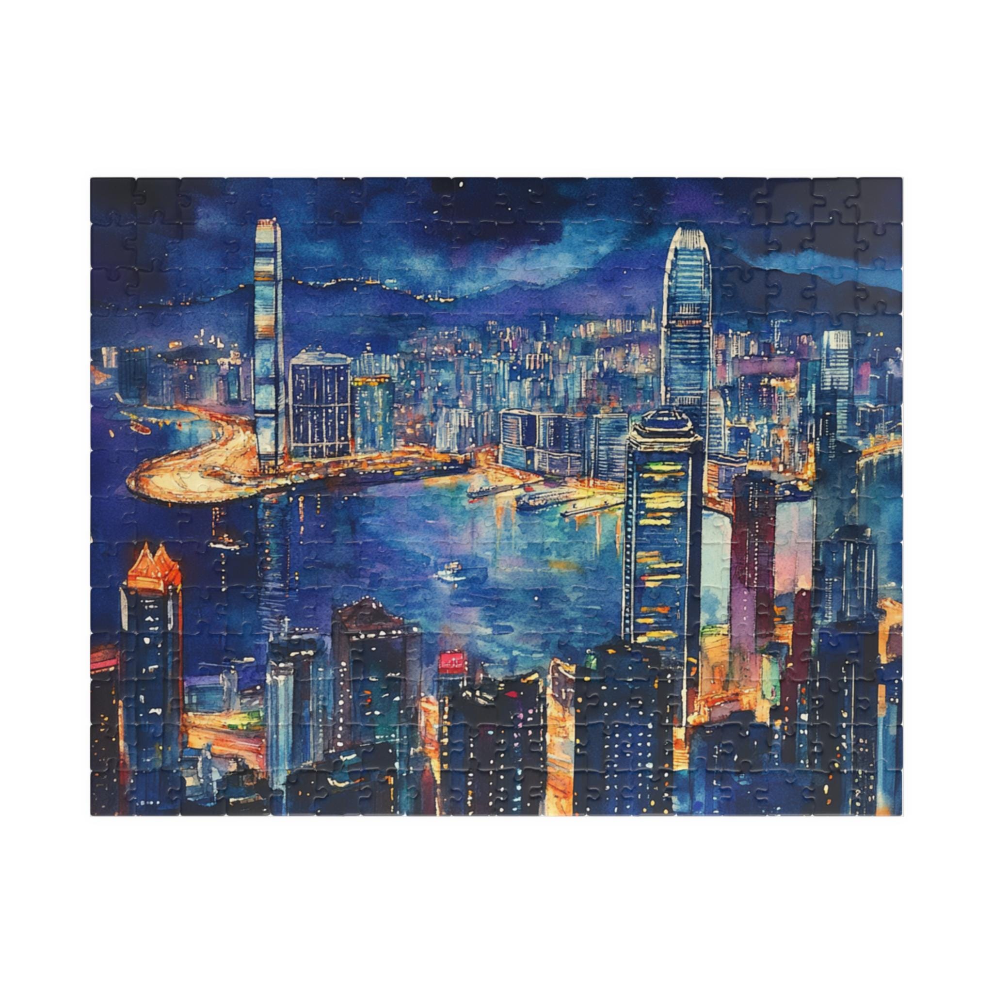 香港の夜の都市景観パズル：水彩画（110～1014ピース）都市景観