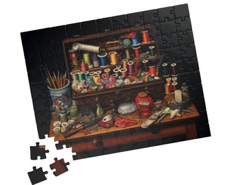 May include: A jigsaw puzzle depicting a detailed sewing scene. The image shows a wooden sewing box filled with spools of colorful thread, scissors, and other sewing tools. A partially assembled puzzle with black pieces is in the background.