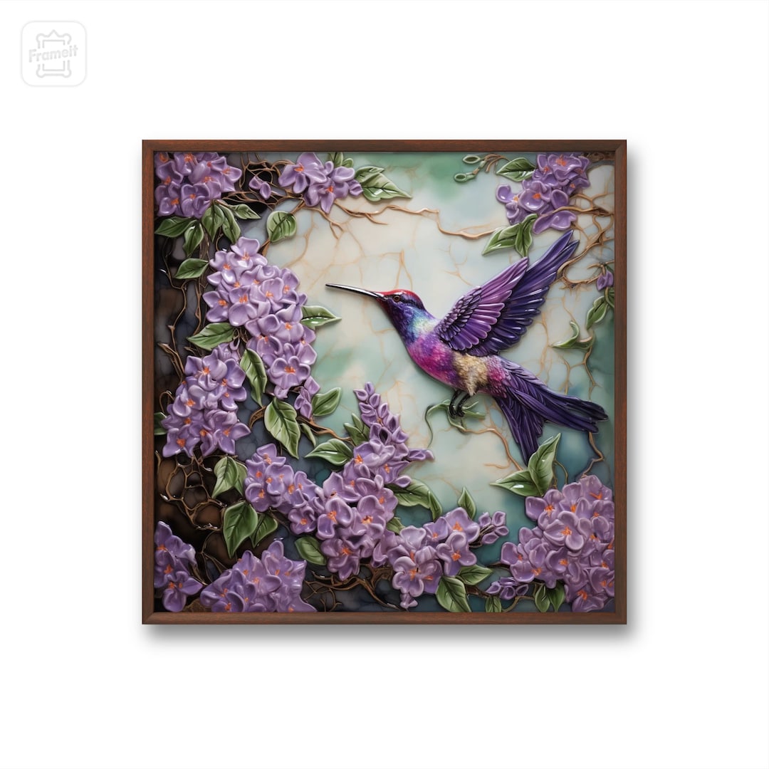 Beautiful Purple Lilacs and Hummingbird Wall Art, Digital Art, Poster
