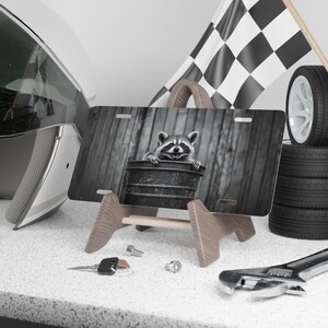 Smiling Raccoon Aluminum Vanity Plate: Black & White Decor Wedding Gift Anniversary Adult Gift Teen Birthday Christmas Present Idea image 4