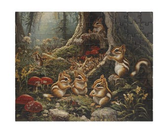 May include: A group of chipmunks gather around a tree trunk in a forest setting. The chipmunks are brown and white with bushy tails. The forest is lush and green with red mushrooms scattered throughout.