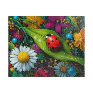 May include: A colorful jigsaw puzzle featuring a vibrant garden scene. A red ladybug with black spots rests on a green leaf with water droplets. The puzzle includes daisies, flowers in shades of yellow, pink, and purple, and blue orbs.