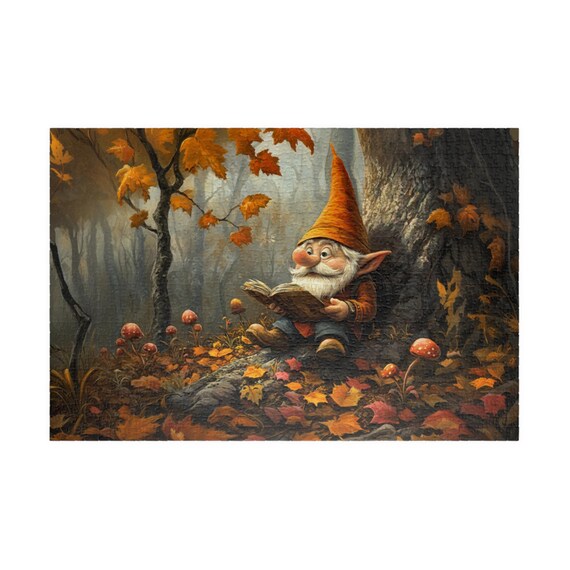 Fall Gnome Reading Puzzle: Autumn Leaves Chipboard Jigsaw, Gnome