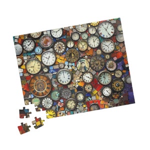 May include: A colorful mosaic background with a variety of antique clocks and watch faces. The clocks are all different shapes and sizes, and some have Roman numerals.