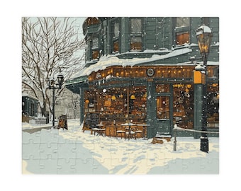 Winter Coffee Shop Jigsaw Puzzle: Adult Brain Teaser Winter Jigsaw Puzzle Christmas Jigsaw Puzzle Gift for Puzzle Lovers Fun Indoor Hobby