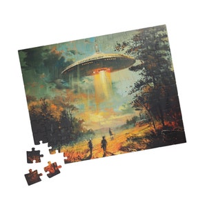 May include: A completed jigsaw puzzle depicting a retro sci-fi scene. A flying saucer hovers over a landscape with two figures walking towards it. The puzzle has a vintage aesthetic with warm colors.