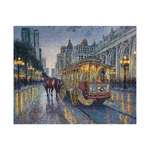 Op de afbeelding: Een legpuzzel met een stadsstraatscène met een paardenkoets. De puzzel toont een rode en gouden koets, een paard en gebouwen met straatverlichting. De scène speelt zich af op een natte, reflecterende straat.