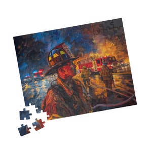 May include: A firefighter in a red helmet and jacket stands in front of a fire truck with a burning building in the background. The firefighter is looking at the fire truck. The fire truck is red with white lettering and a ladder on the side. The building is engulfed in flames. The scene is dark and smoky.