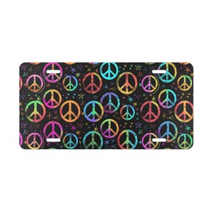 ON SALE, Colorful Peace Sign Vanity Plate Black Pattern